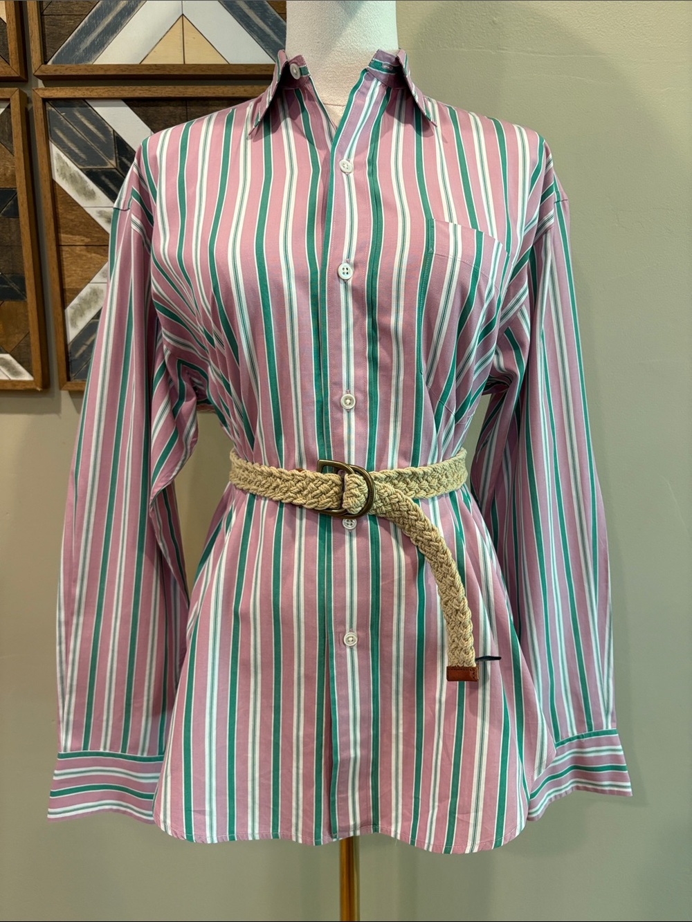 Vintage Ralph Lauren 90s Pink and Green Striped Cotton Button Down Top size 6